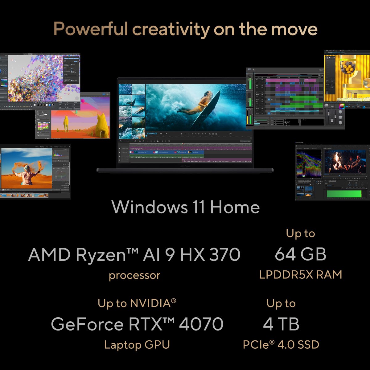 ASUS ProArt P16 H7606WP-RJ088W AMD Ryzen AI 9 HX 370 Laptop 40.6 cm (16") Touchscreen 3K 64 GB LPDDR5x-SDRAM 2 TB SSD NVIDIA GeForce RTX 5070 Wi-Fi 7 (802.11be) Windows 11 Home Black - Image 12